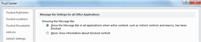 Excel 2010 Trust Center Settings